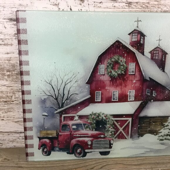 Red Truck Christmas on the Farm Glass Cutting Board 8" x 11.25" - Picture 5 of 8